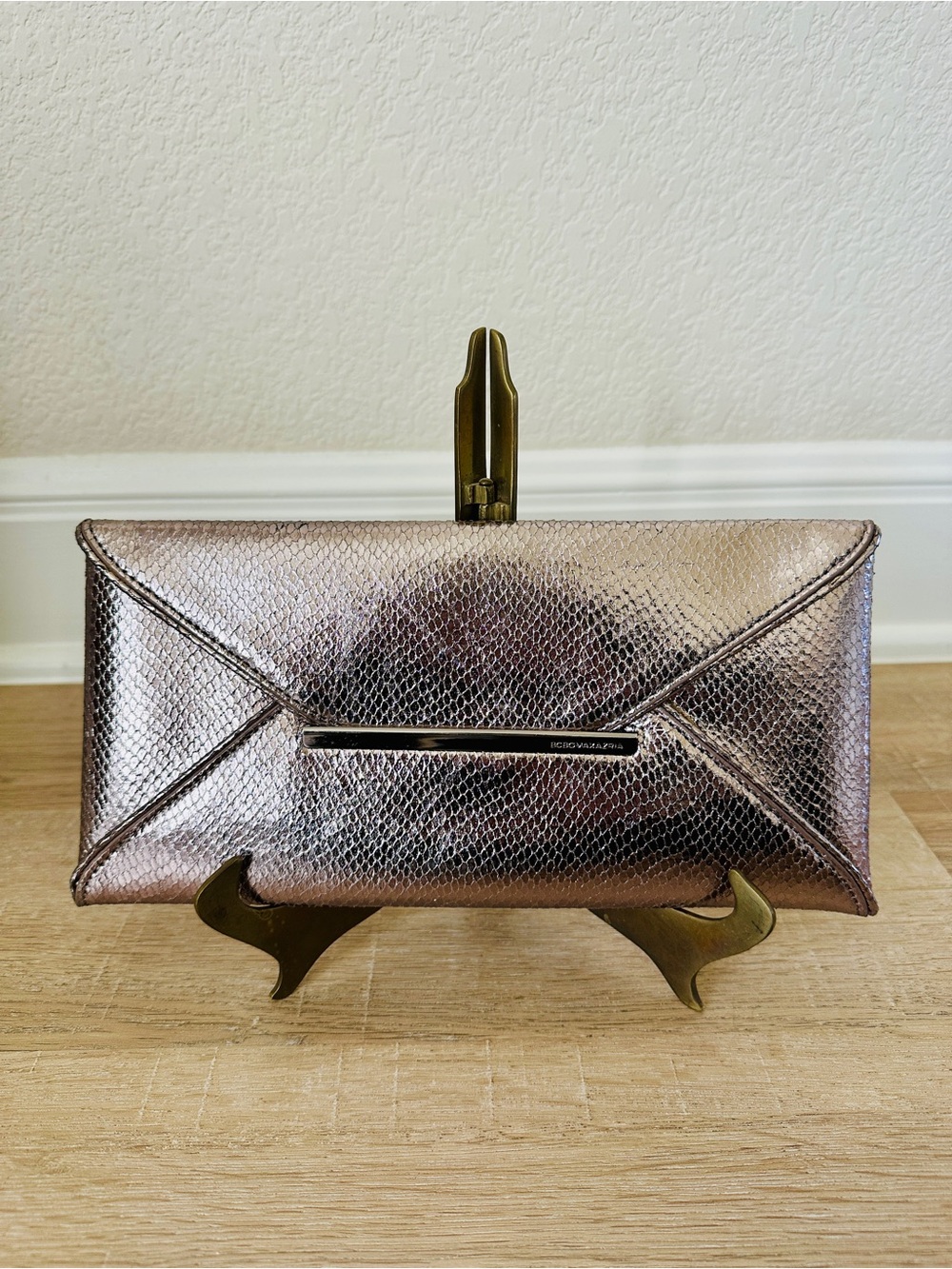BCBGMaxAzria Metallic Silver Snakeskin Envelope Clutch